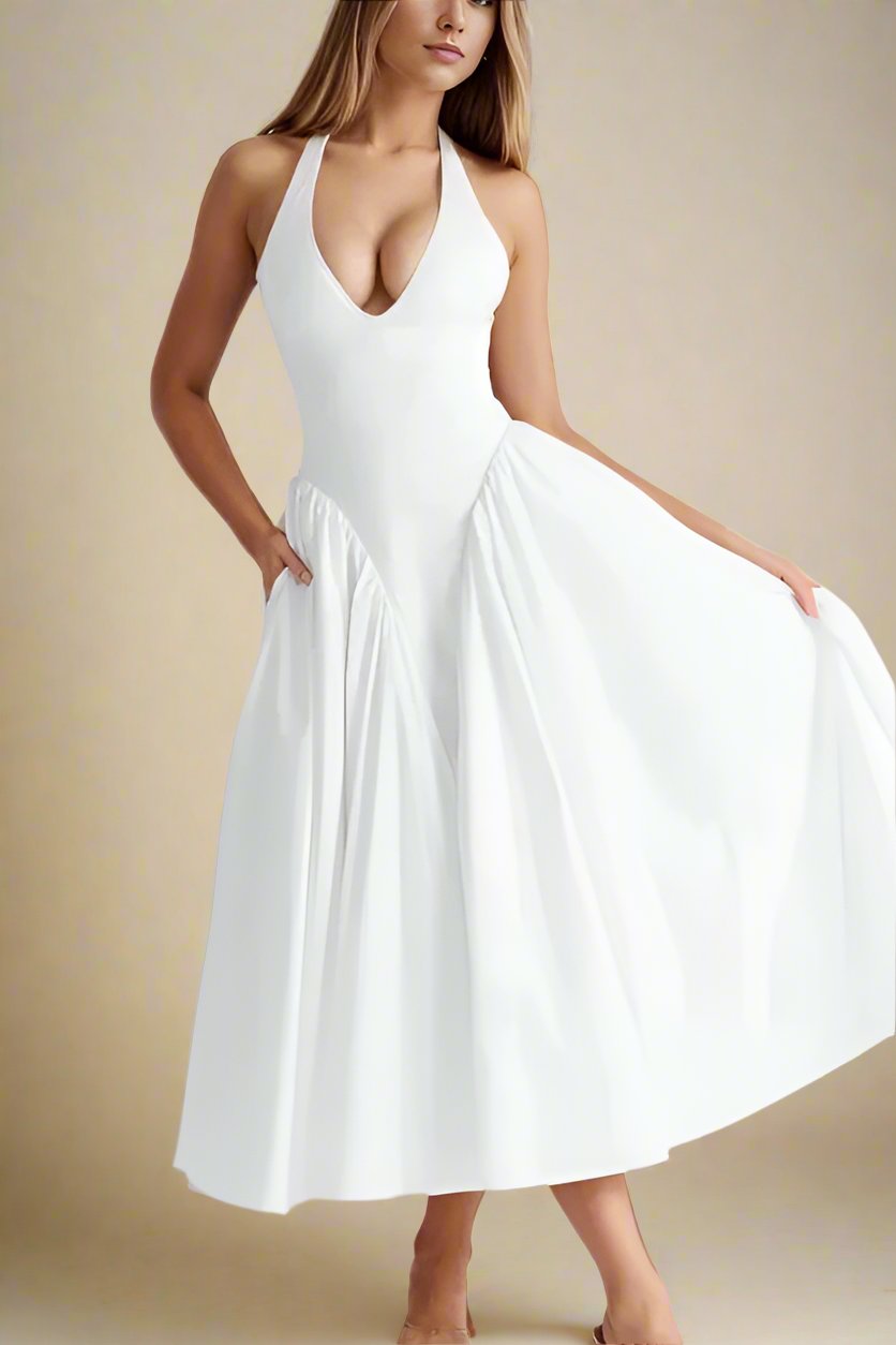Woman wearing a figure flattering Austen Bodycon Midi Dress - Pearl White BODYCON COLLECTION