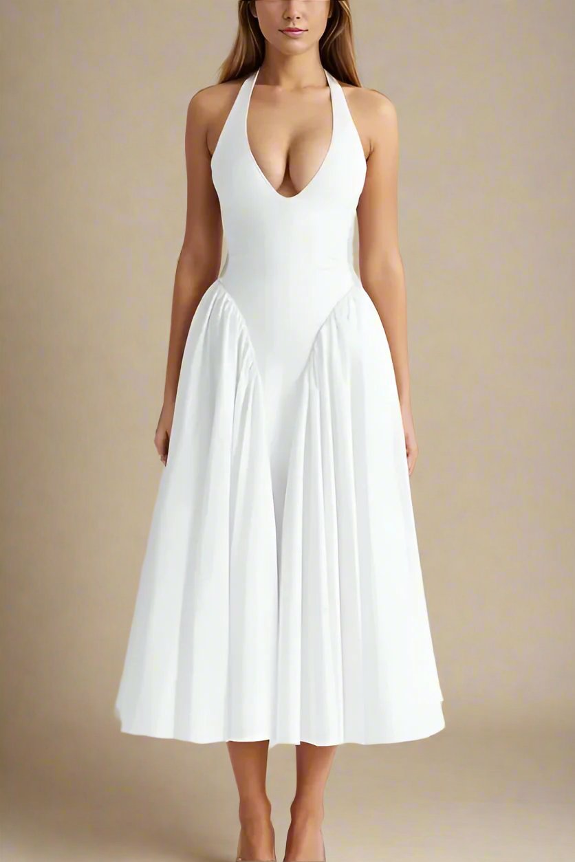 Woman wearing a figure flattering Austen Bodycon Midi Dress - Pearl White BODYCON COLLECTION