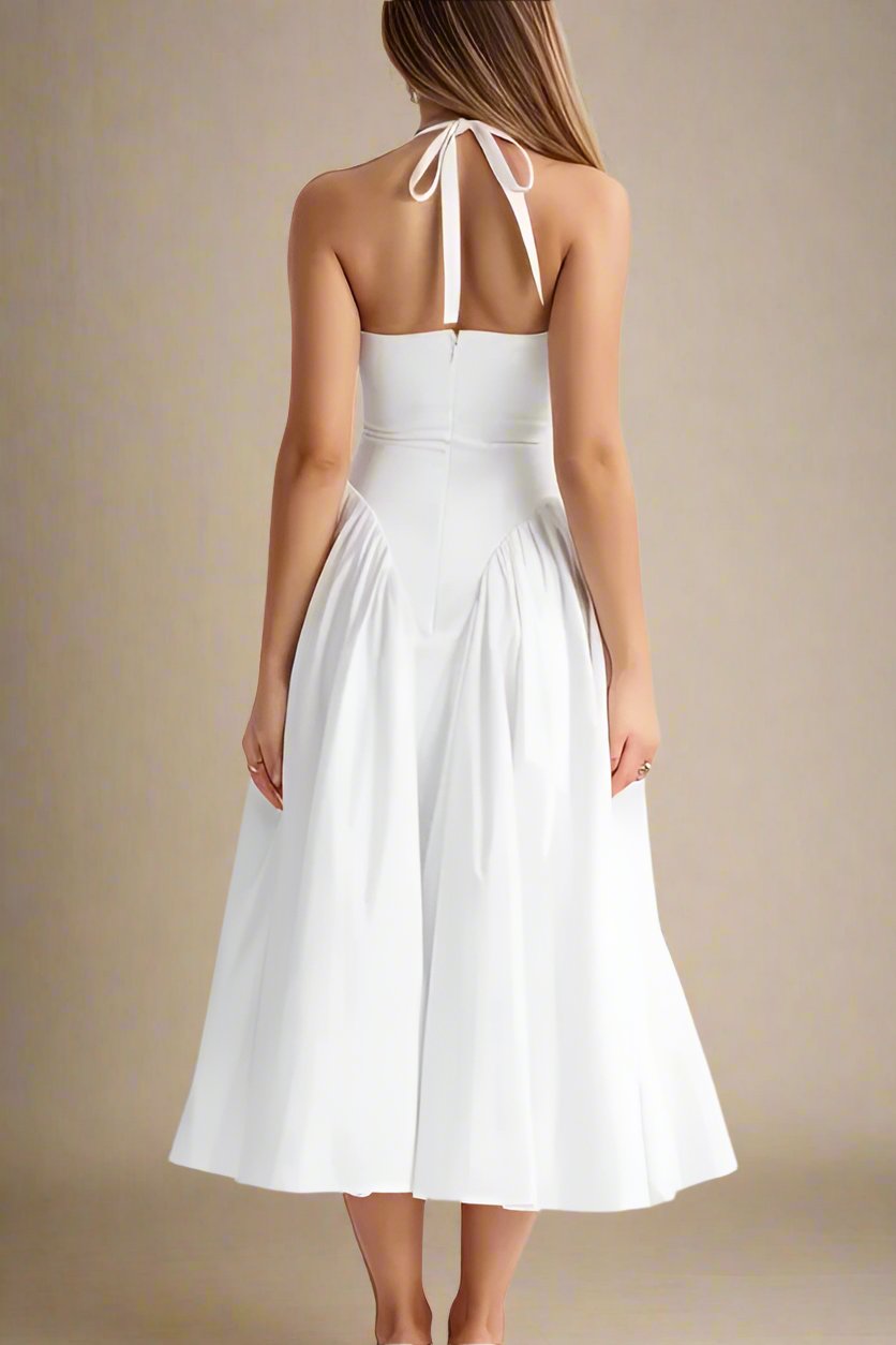Woman wearing a figure flattering Austen Bodycon Midi Dress - Pearl White BODYCON COLLECTION