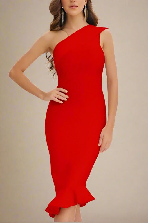 Woman wearing a figure flattering Avery Bandage Dress - Lipstick Red BODYCON COLLECTION