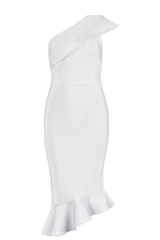 Woman wearing a figure flattering Avery Bandage Dress - Pearl White BODYCON COLLECTION