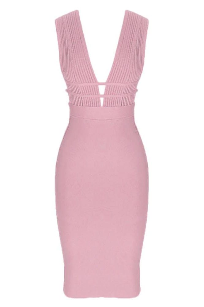 Woman wearing a figure flattering Bay Bandage Dress - Ballet Pink Bodycon Collection