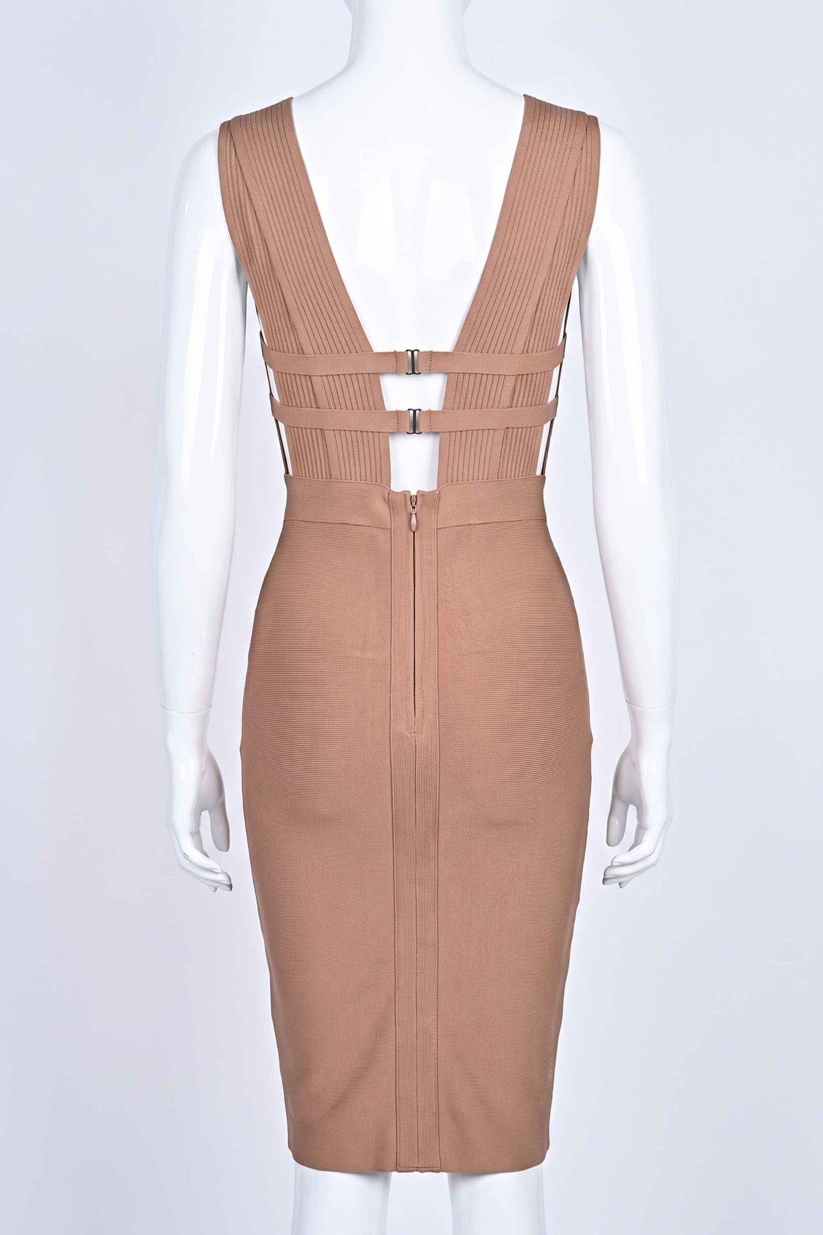 Woman wearing a figure flattering Bay Bandage Dress - Nude Bodycon Collection