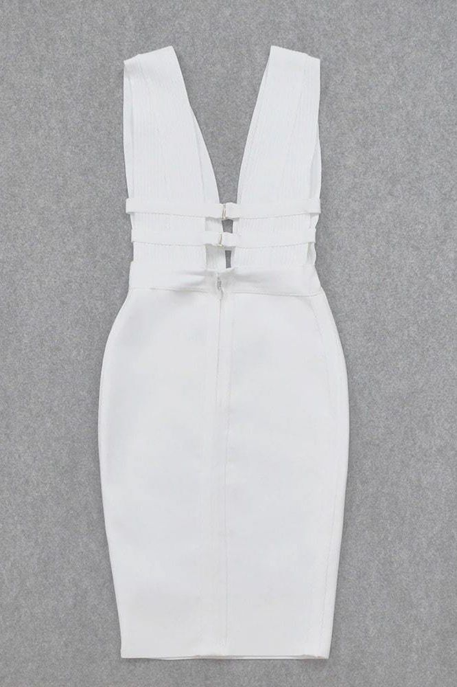 Woman wearing a figure flattering Bay Bandage Dress - Pearl White Bodycon Collection