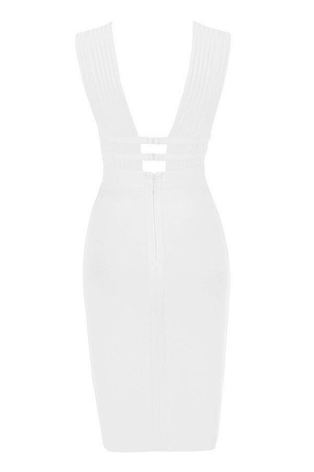 Woman wearing a figure flattering Bay Bandage Dress - Pearl White Bodycon Collection