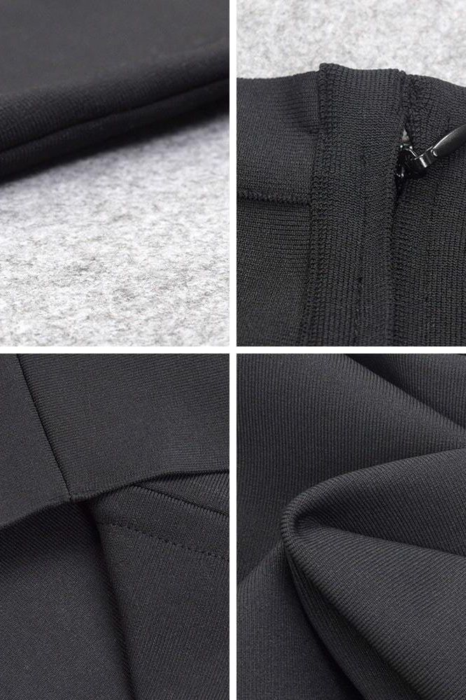 Woman wearing a figure flattering Bea Bandage Dress - Classic Black Bodycon Collection