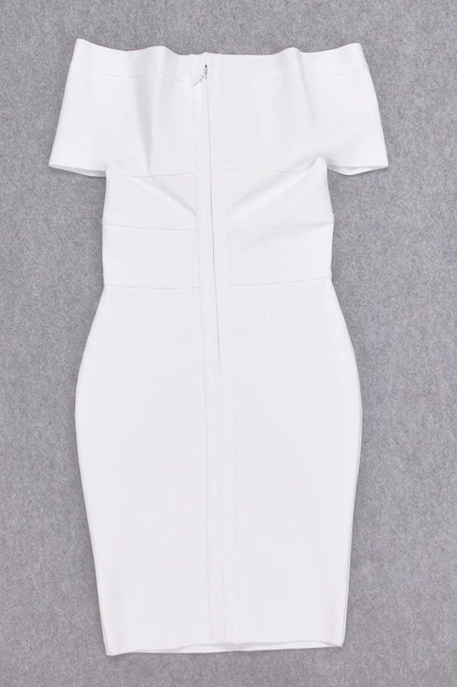 Woman wearing a figure flattering Bea Bandage Dress - Pearl White Bodycon Collection