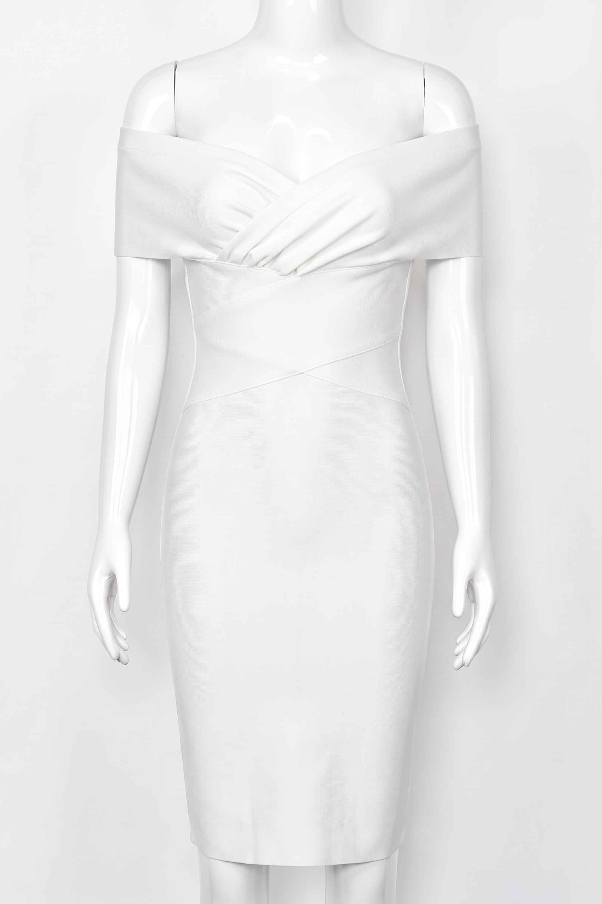Woman wearing a figure flattering Bea Bandage Dress - Pearl White Bodycon Collection
