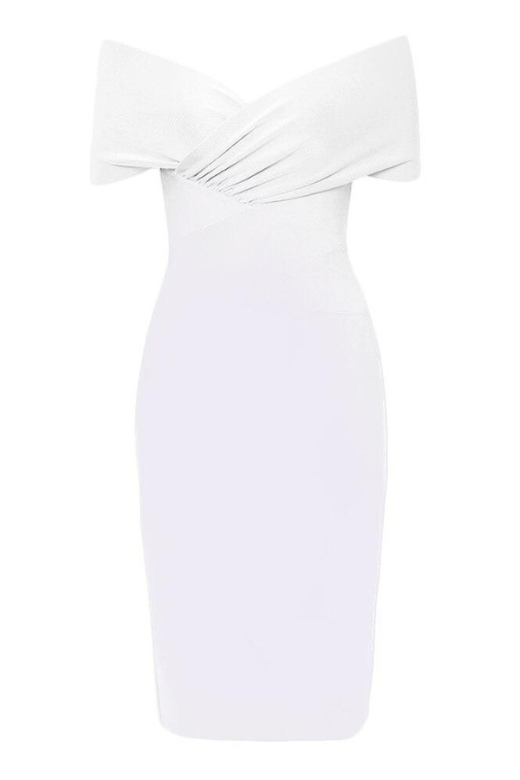 Woman wearing a figure flattering Bea Bandage Dress - Pearl White Bodycon Collection