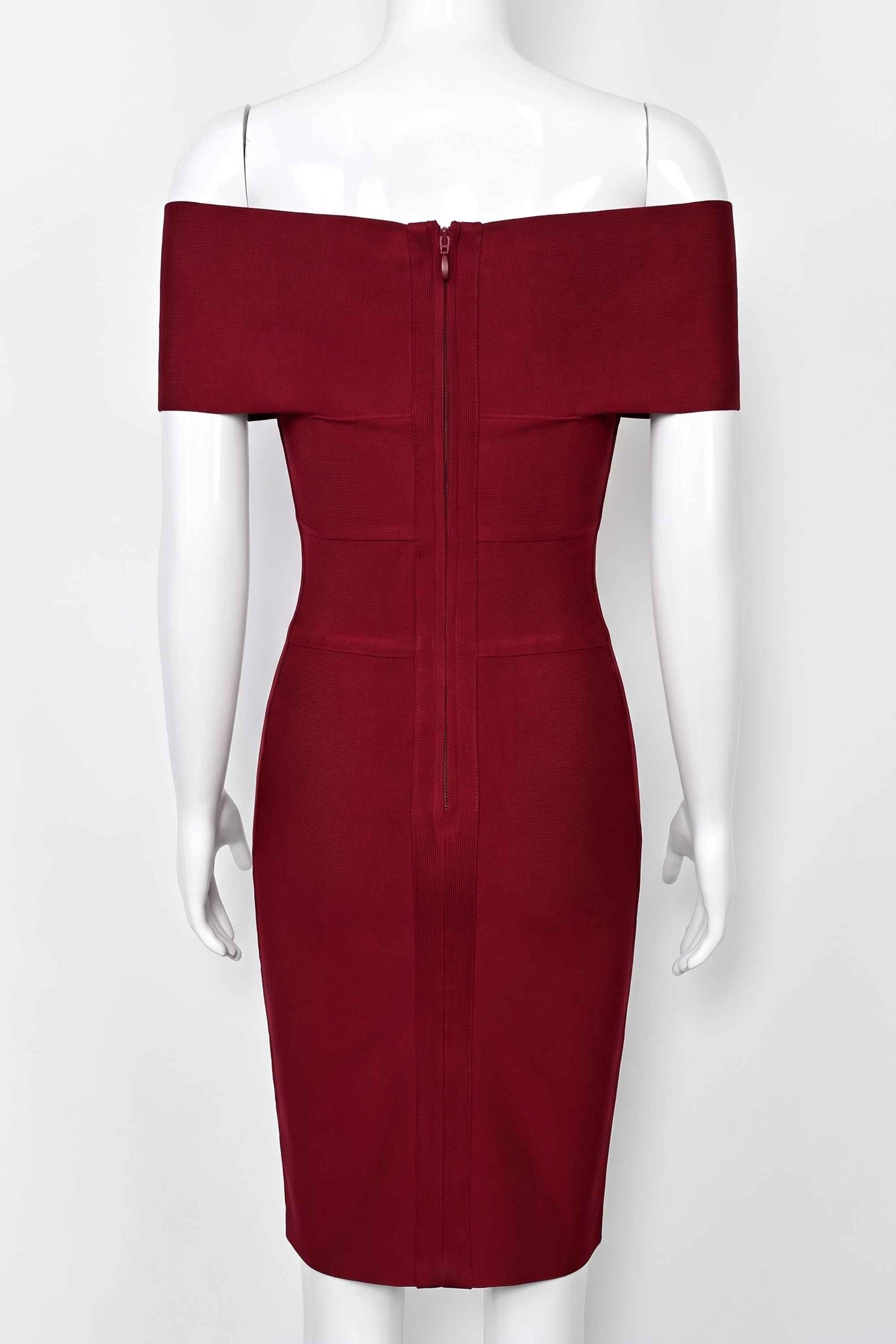 Woman wearing a figure flattering Bea Bandage Dress - Red Wine Bodycon Collection