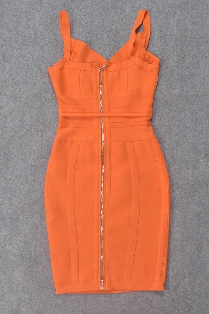 Woman wearing a figure flattering Bek Bandage Dress - Apricot Orange Bodycon Collection