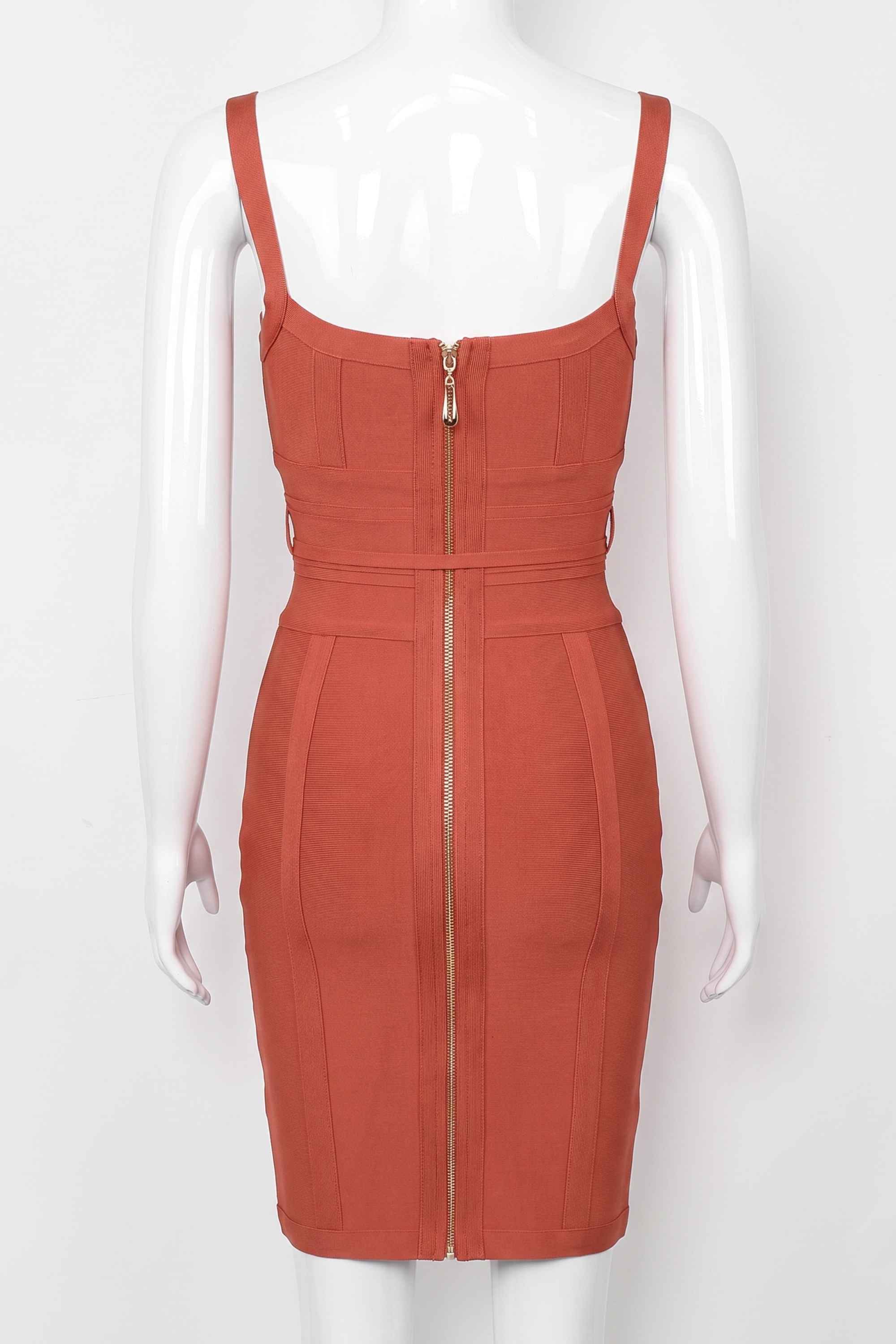 Woman wearing a figure flattering Bek Bandage Dress - Burnt Orange Bodycon Collection