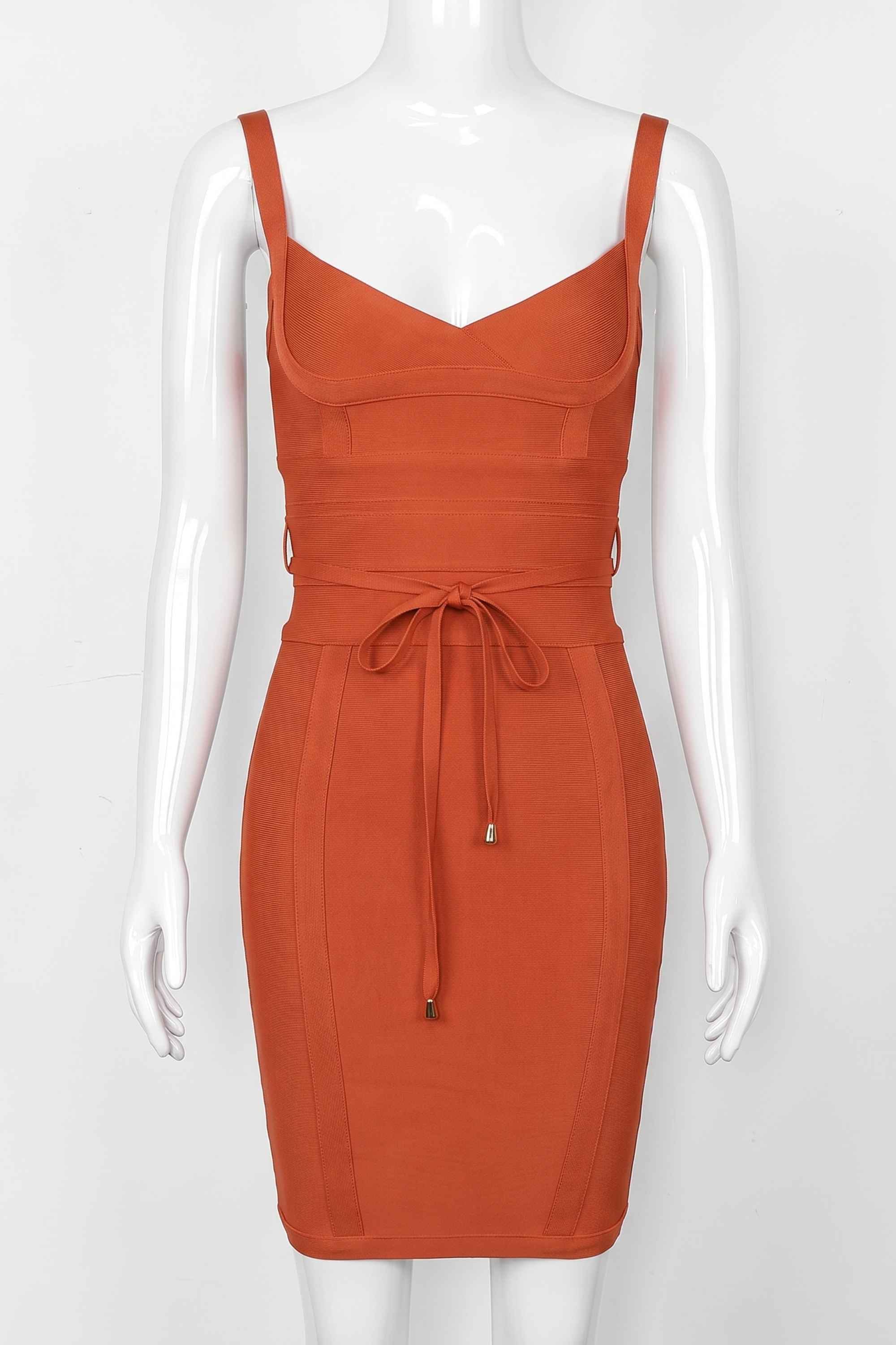 Woman wearing a figure flattering Bek Bandage Dress - Burnt Orange Bodycon Collection