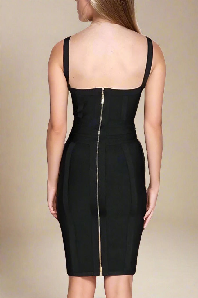 Woman wearing a figure flattering Bek Bandage Dress - Classic Black Bodycon Collection