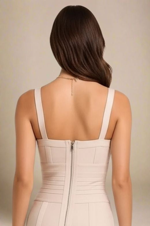 Woman wearing a figure flattering Bek Bandage Dress - Cream Bodycon Collection