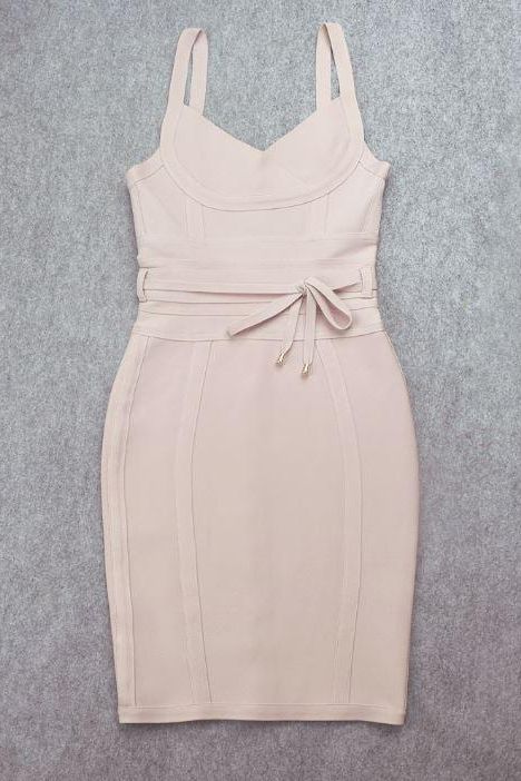 Woman wearing a figure flattering Bek Bandage Dress - Cream Bodycon Collection