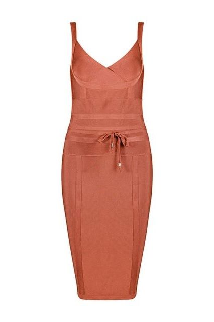 Woman wearing a figure flattering Bek Bandage Dress - Deep Tan Brown Bodycon Collection