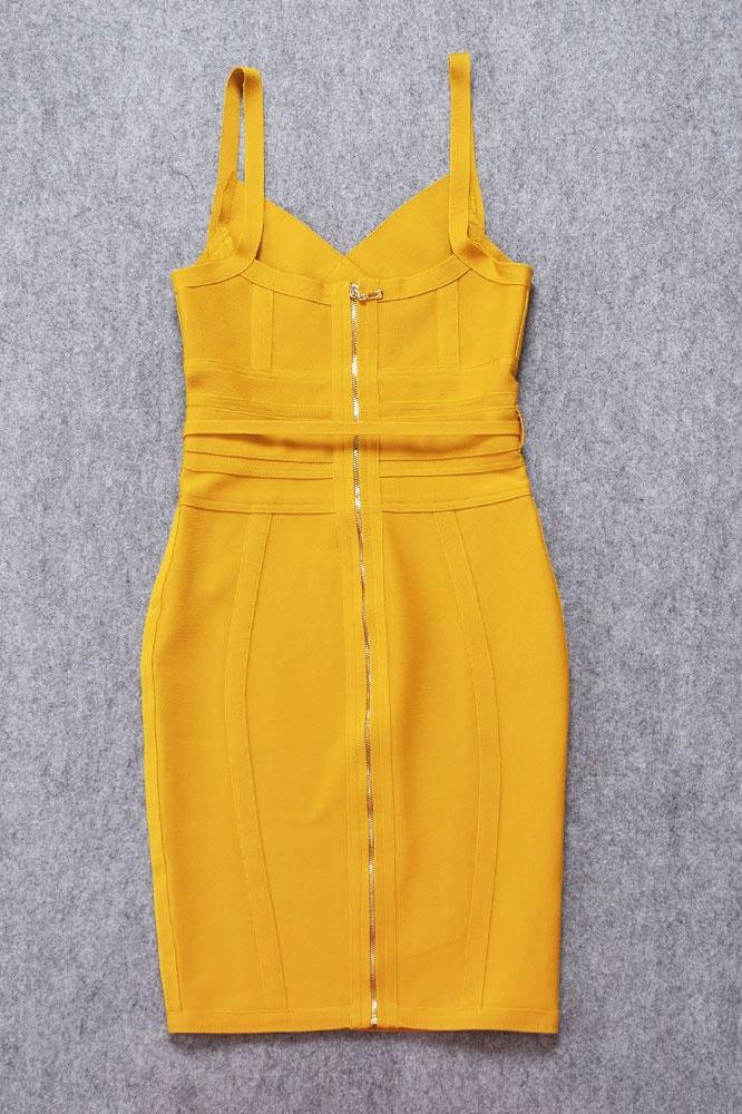 Woman wearing a figure flattering Bek Bandage Dress - Mustard Yellow Bodycon Collection