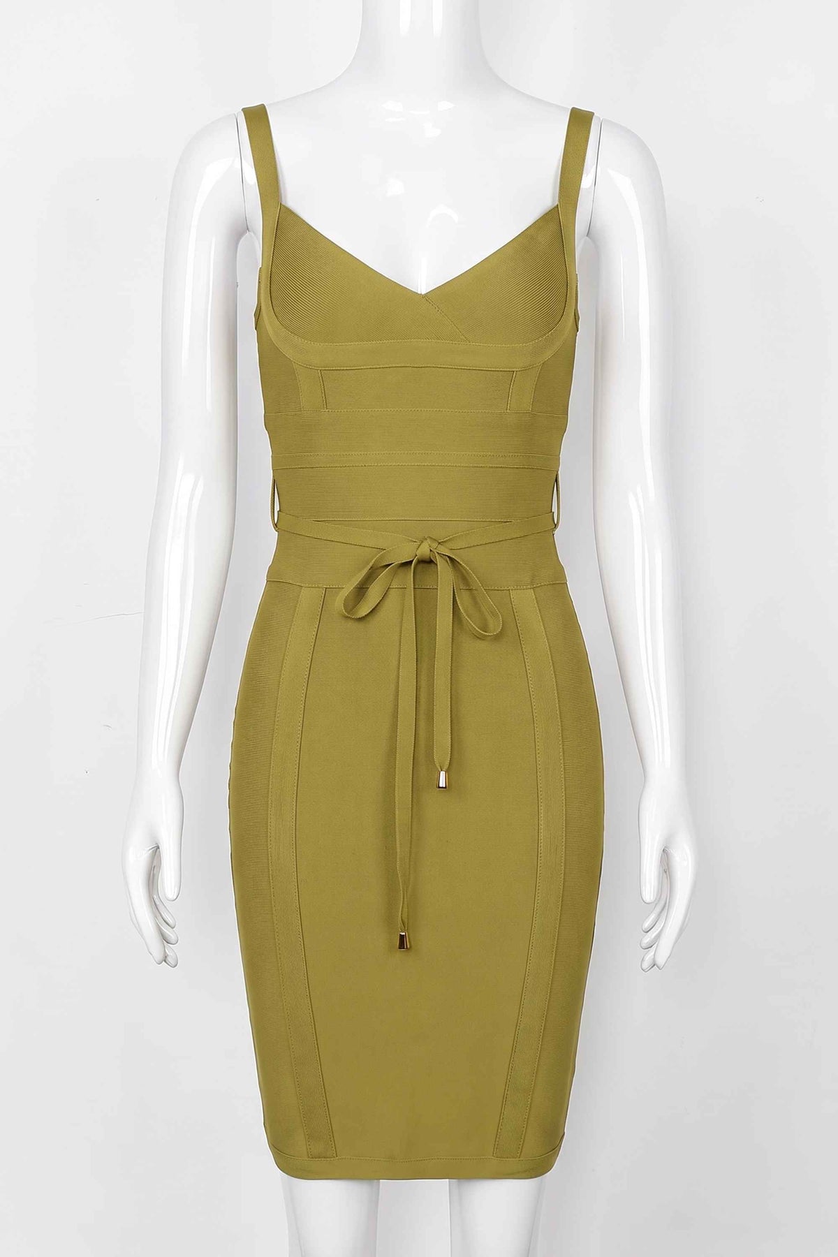 Woman wearing a figure flattering Bek Bandage Dress - Olive Green Bodycon Collection