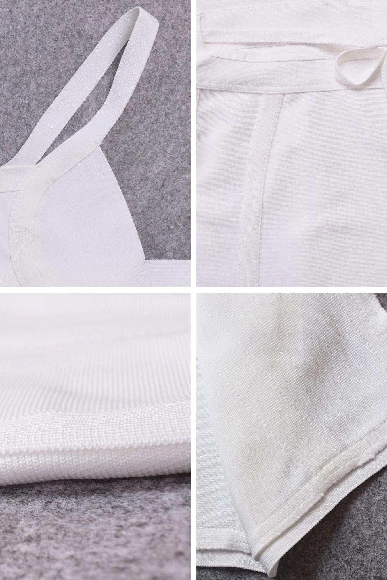 Woman wearing a figure flattering Bek Bandage Dress - Pearl White Bodycon Collection