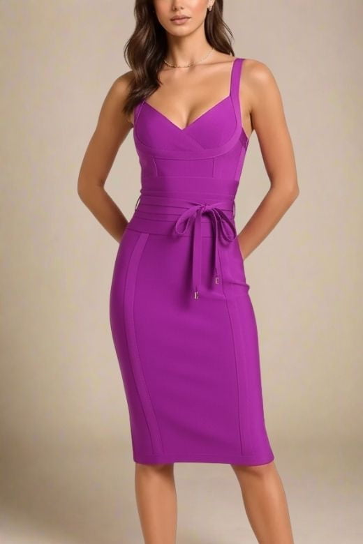 Woman wearing a figure flattering Bek Bandage Dress - Plum Purple Bodycon Collection