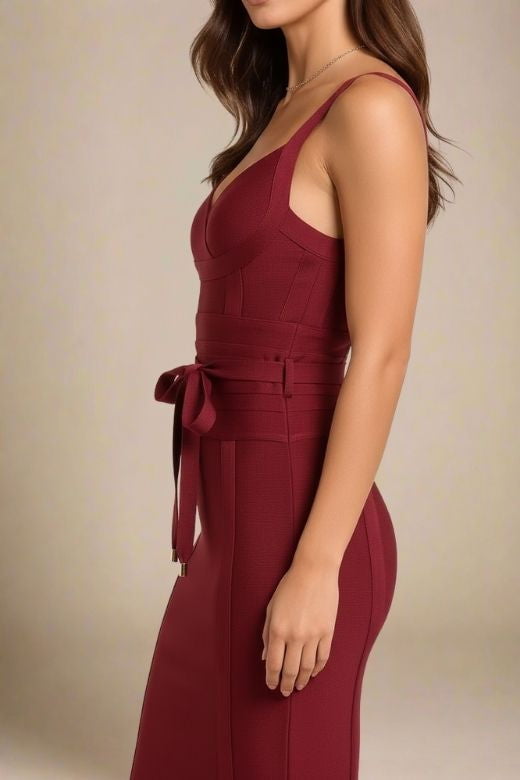 Woman wearing a figure flattering Bek Bandage Dress - Red Wine Bodycon Collection