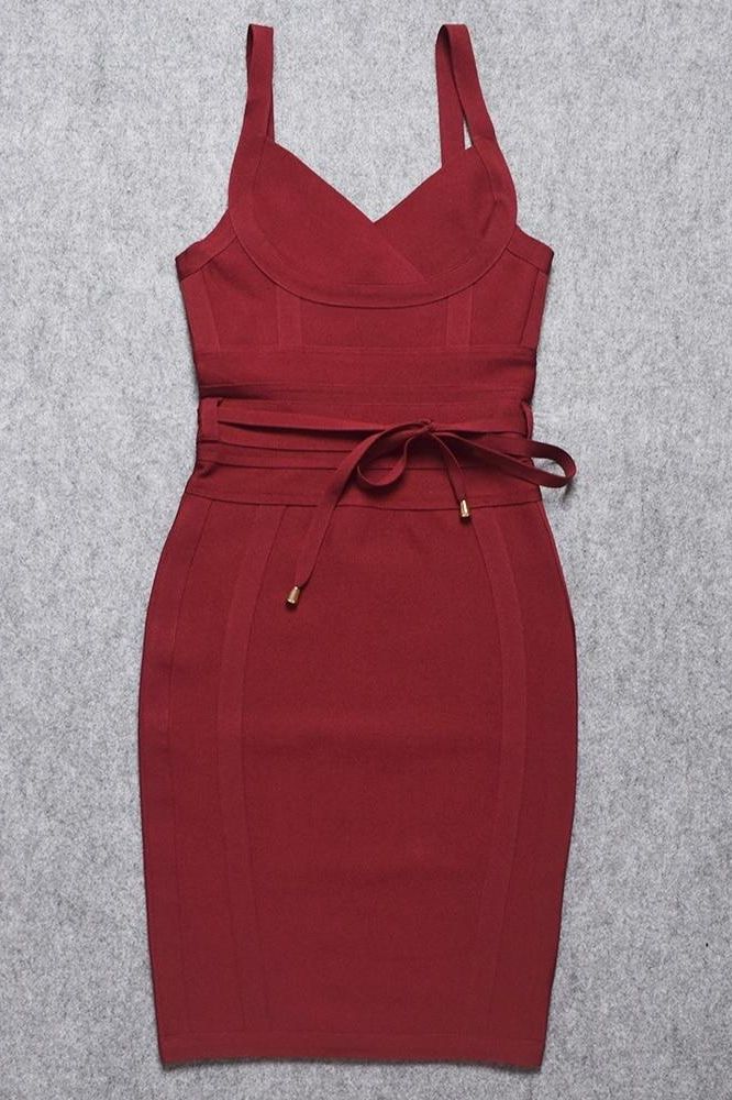 Woman wearing a figure flattering Bek Bandage Dress - Red Wine Bodycon Collection