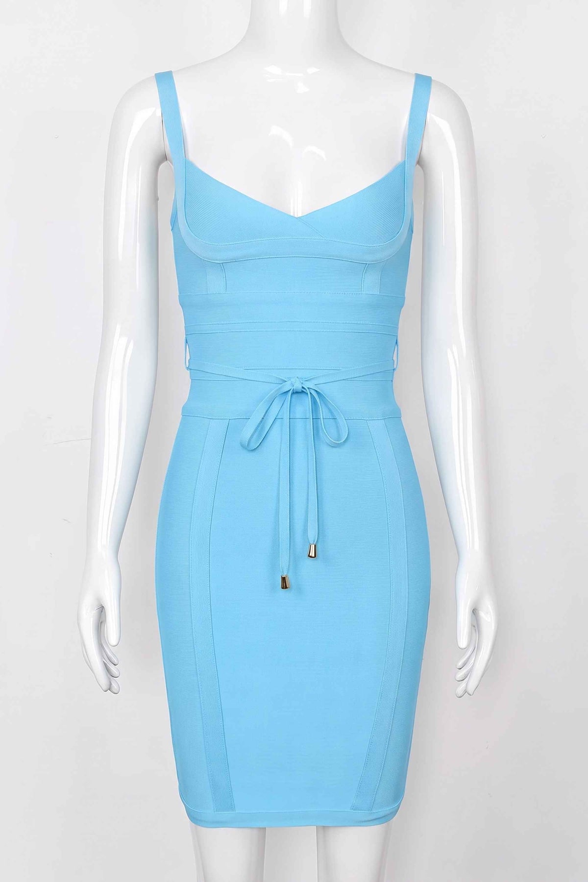 Woman wearing a figure flattering Bek Bandage Dress - Sky Blue Bodycon Collection