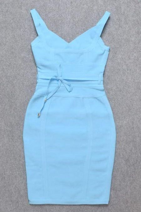 Woman wearing a figure flattering Bek Bandage Dress - Sky Blue Bodycon Collection