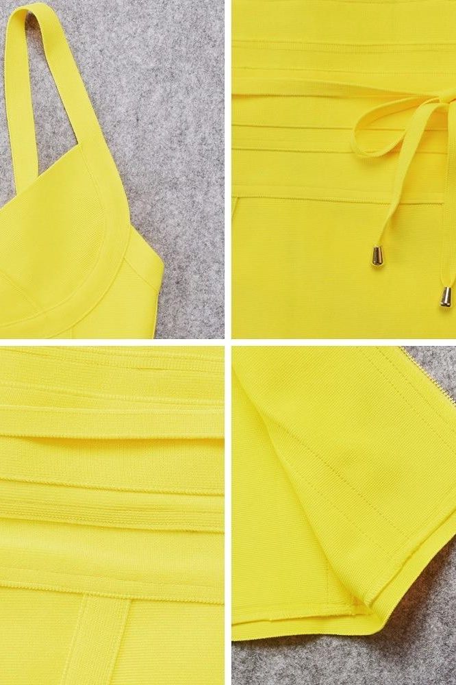 Woman wearing a figure flattering Bek Bandage Dress - Sun Yellow Bodycon Collection