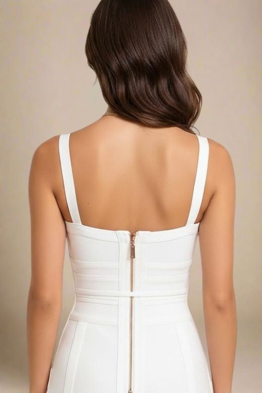 Woman wearing a figure flattering Bek Bandage Dress - White Pearl Bodycon Collection