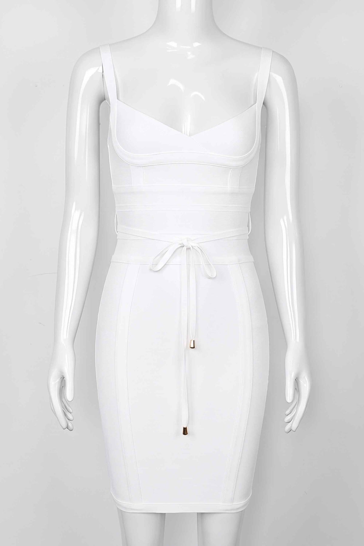 Woman wearing a figure flattering Bek Bandage Dress - White Pearl Bodycon Collection