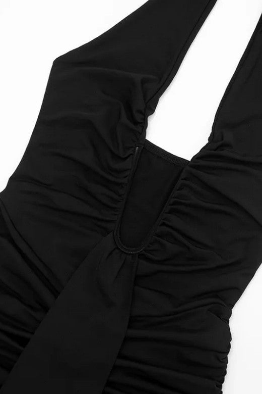 Woman wearing a figure flattering Bella Bodycon Wrap Maxi Dress - Classic Black BODYCON COLLECTION Pty Ltd