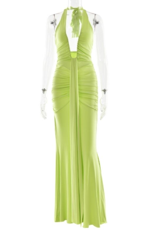 Woman wearing a figure flattering Bella Bodycon Wrap Maxi Dress - Neon Green BODYCON COLLECTION Pty Ltd