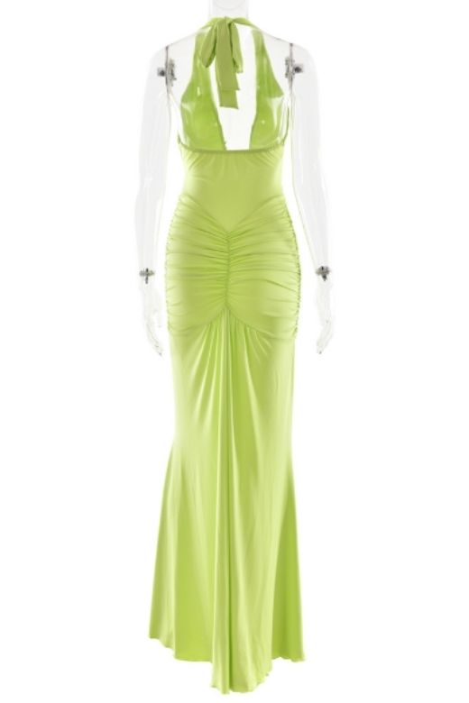 Woman wearing a figure flattering Bella Bodycon Wrap Maxi Dress - Neon Green BODYCON COLLECTION Pty Ltd