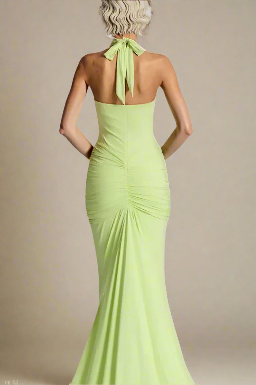 Woman wearing a figure flattering Bella Bodycon Wrap Maxi Dress - Neon Green BODYCON COLLECTION Pty Ltd