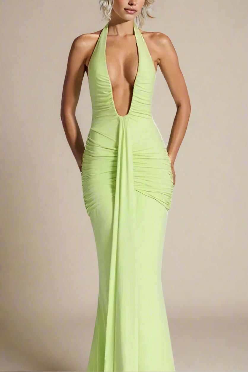 Woman wearing a figure flattering Bella Bodycon Wrap Maxi Dress - Neon Green BODYCON COLLECTION Pty Ltd