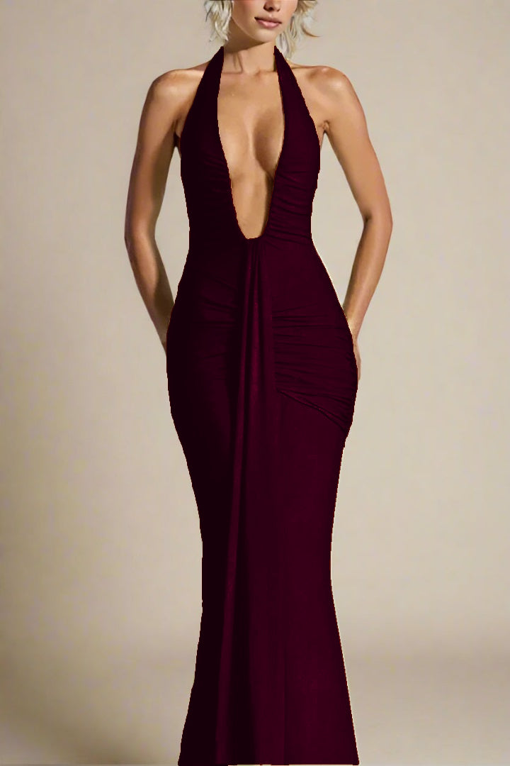 Woman wearing a figure flattering Bella Bodycon Wrap Maxi Dress - Red Wine BODYCON COLLECTION Pty Ltd