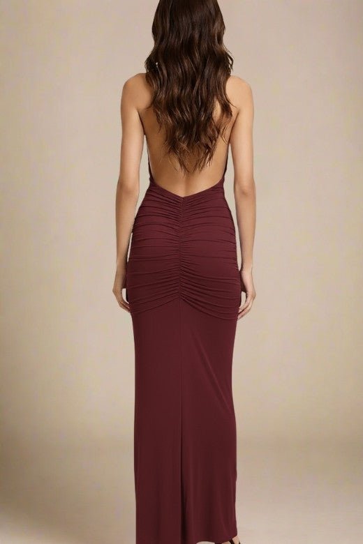 Woman wearing a figure flattering  Bella Bodycon Wrap Maxi Dress - Red Wine BODYCON COLLECTION Pty Ltd