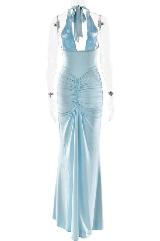 Woman wearing a figure flattering Bella Bodycon Wrap Maxi Dress - Sky Blue BODYCON COLLECTION Pty Ltd