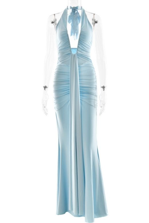 Woman wearing a figure flattering Bella Bodycon Wrap Maxi Dress - Sky Blue BODYCON COLLECTION Pty Ltd