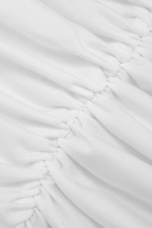 Woman wearing a figure flattering Bella Bodycon Wrap Maxi Dress - White Pearl BODYCON COLLECTION Pty Ltd