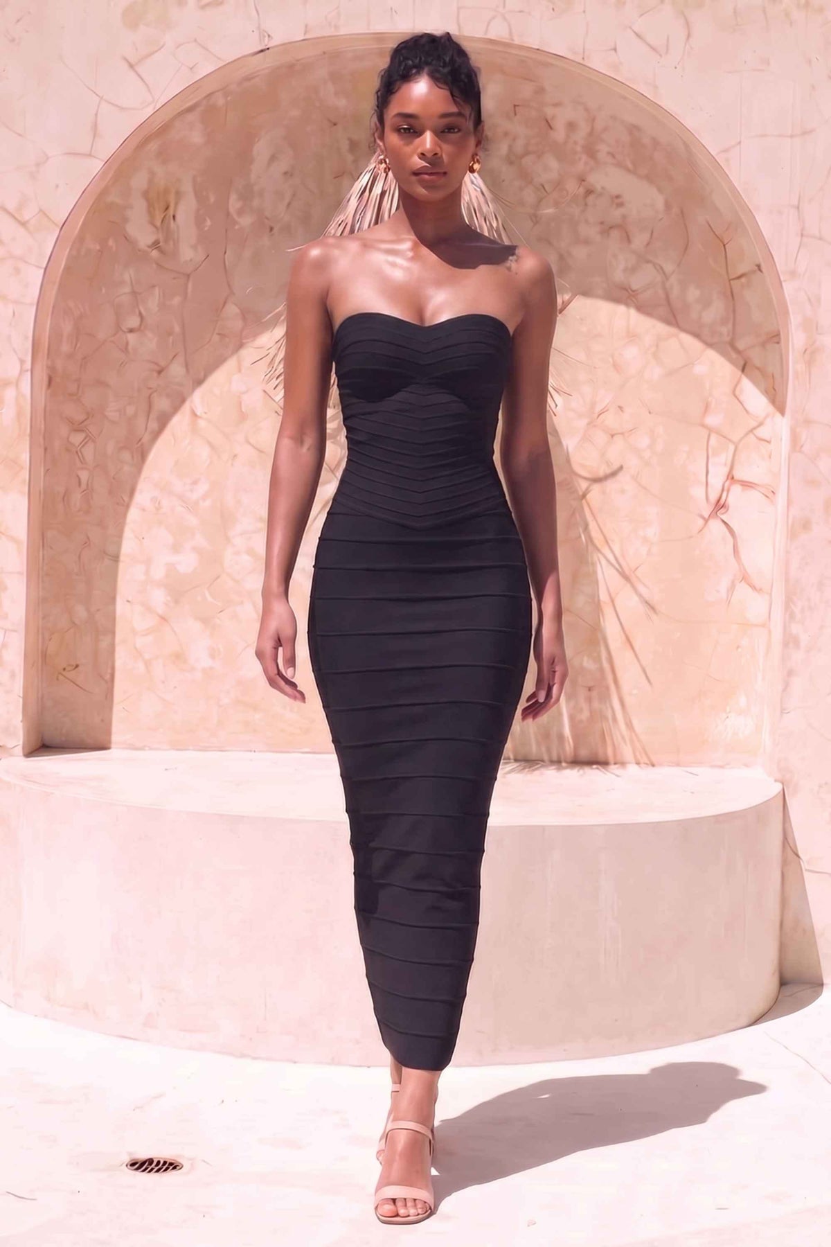 Woman wearing a figure flattering Belle Bandage Maxi Dress - Classic Black BODYCON COLLECTION Pty Ltd