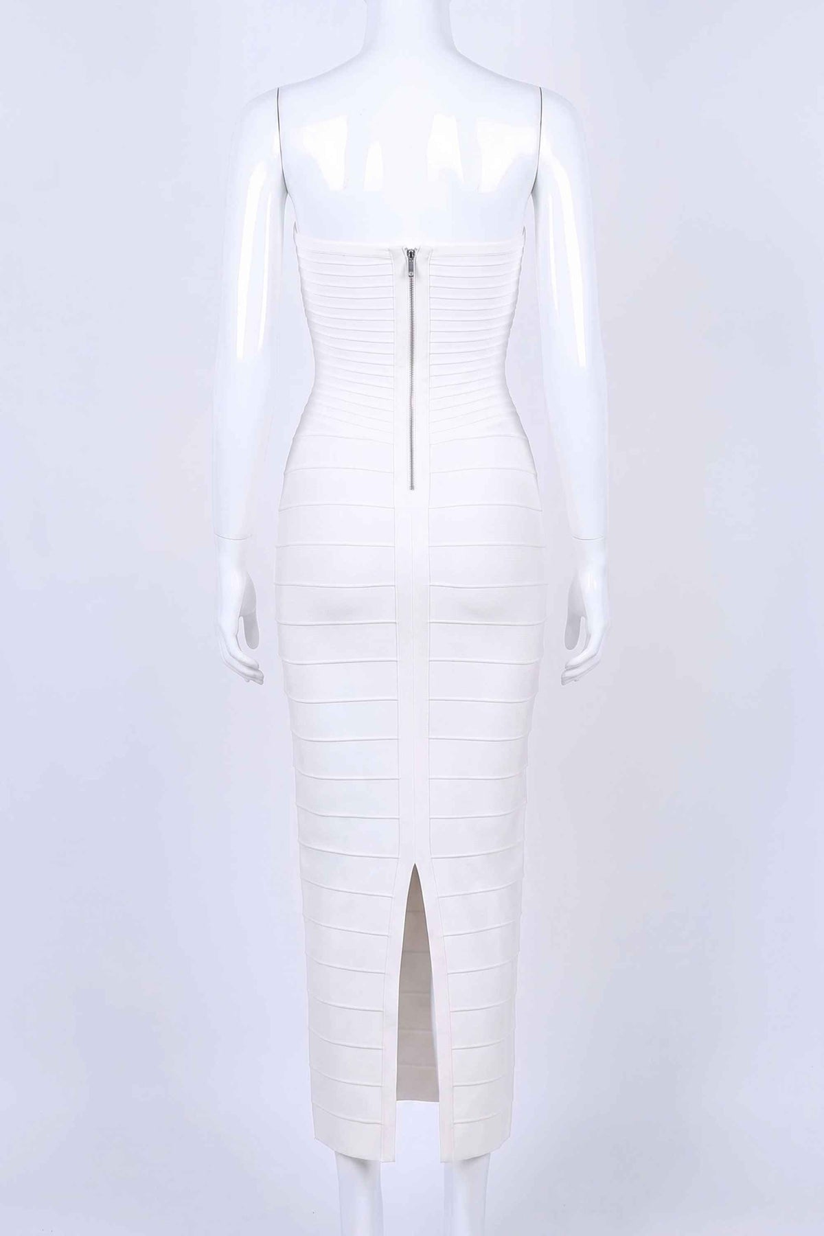 Woman wearing a figure flattering Belle Bandage Maxi Dress - White Pearl BODYCON COLLECTION Pty Ltd