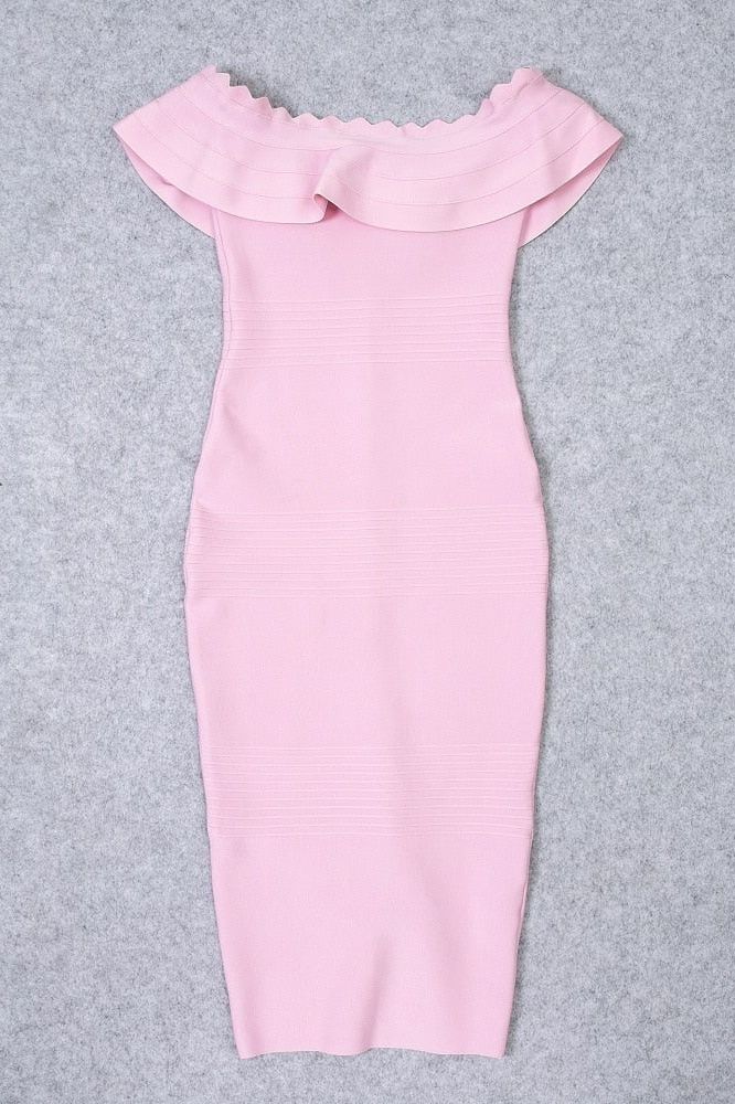 Woman wearing a figure flattering Billie Bandage Midi Dress - Dusty Pink Bodycon Collection