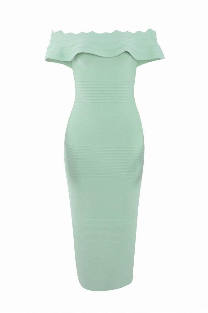 Woman wearing a figure flattering Billie Bandage Midi Dress - Mint Green Bodycon Collection