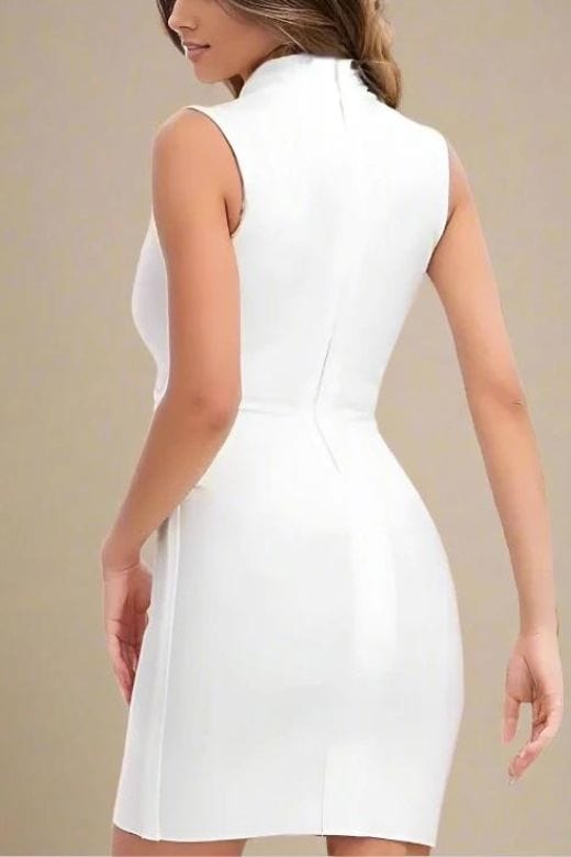 Woman wearing a figure flattering Blaire Bandage Mini Dress - Pearl White BODYCON COLLECTION