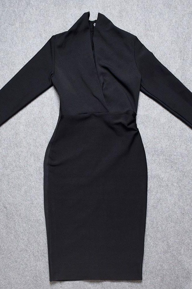 Woman wearing a figure flattering Blaire Long Sleeve Bandage Dress - Classic Black BODYCON COLLECTION