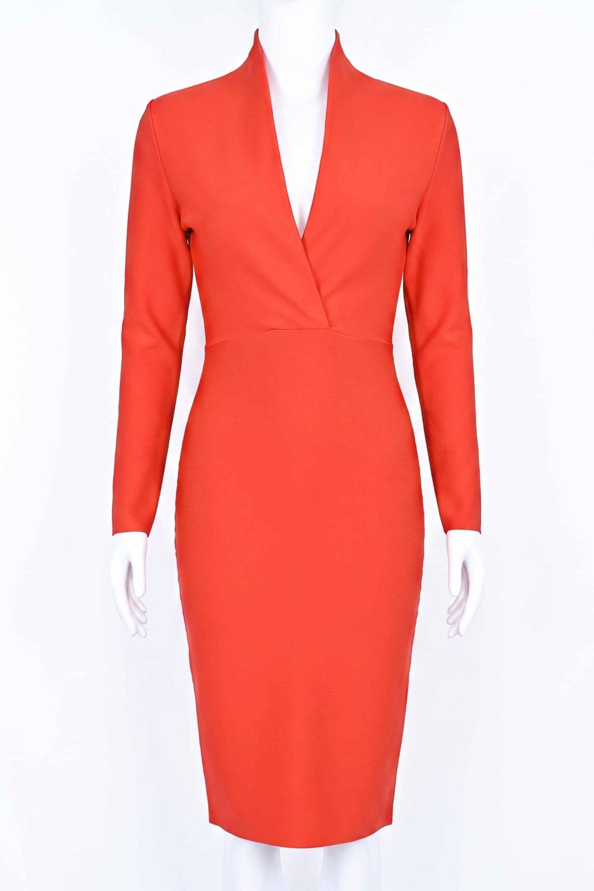 Woman wearing a figure flattering Blaire Long Sleeve Bandage Dress - Lipstick Red BODYCON COLLECTION