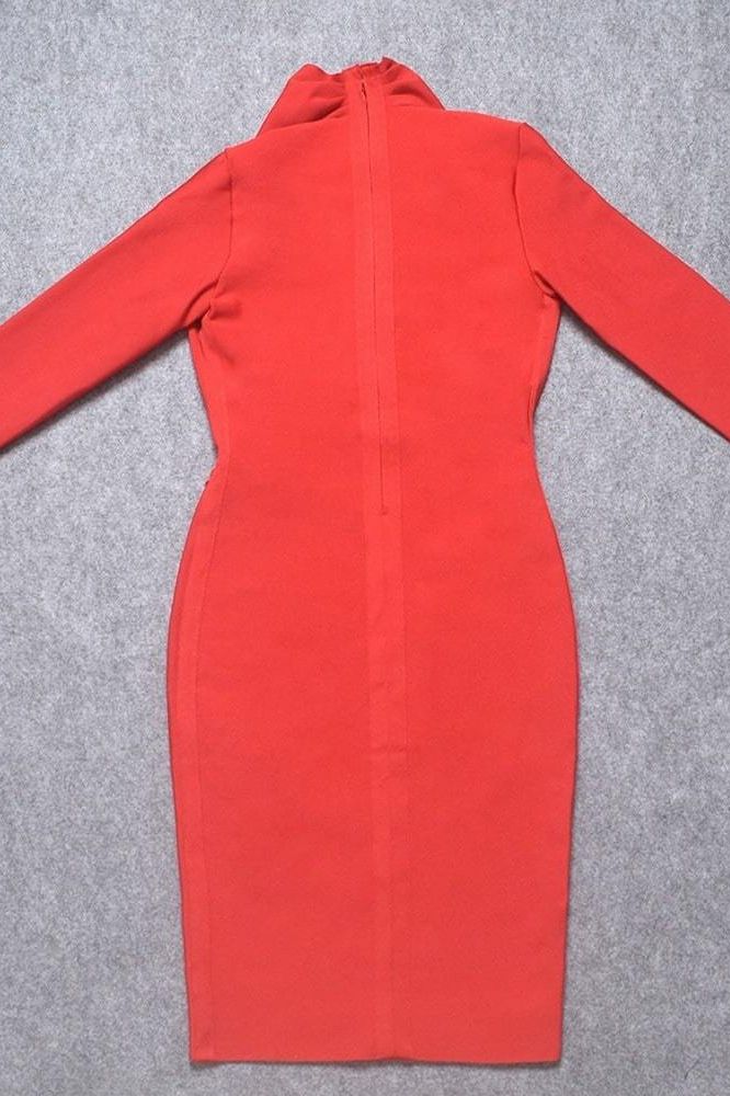 Woman wearing a figure flattering Blaire Long Sleeve Bandage Dress - Lipstick Red BODYCON COLLECTION